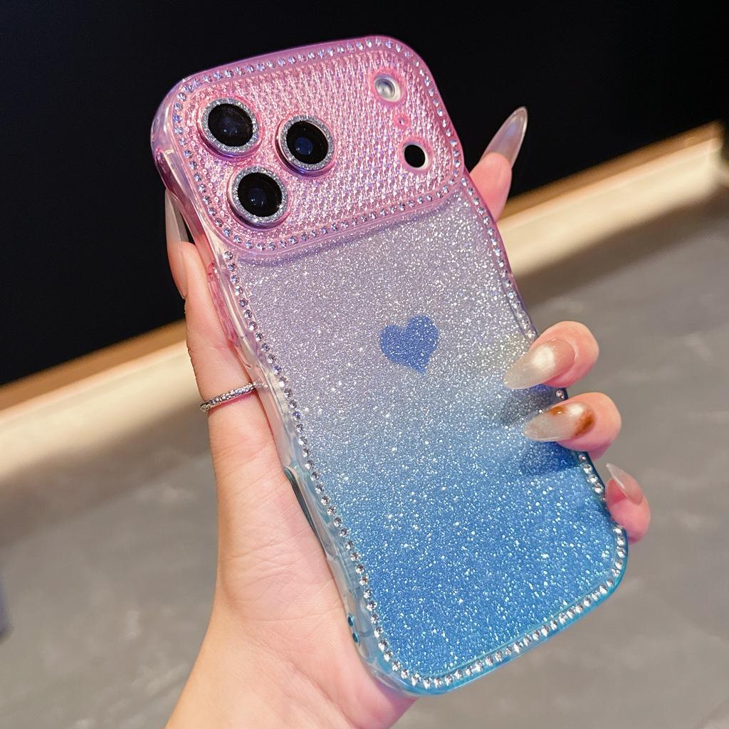 For iPhone 17 Pro Case Sparkle Rhinestone Decor TPU Phone Cover with Glitter Gradient Card