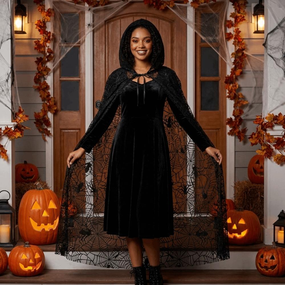 Leichter Halloween-Kapuzenumhang Halbtransparenter Langer Umhang Spinnennetz-Netzstoff Cardigan Damen