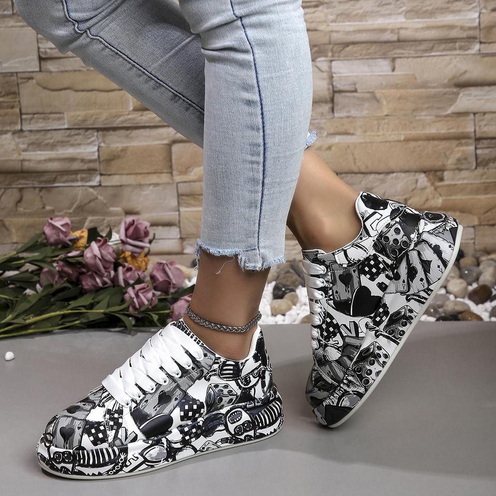 Sneakers Mode bemalt Graffiti Übergröße Sport Damenschuhe neu Oberbekleidung Schnürung bequem Plateau weiße Schuhe
