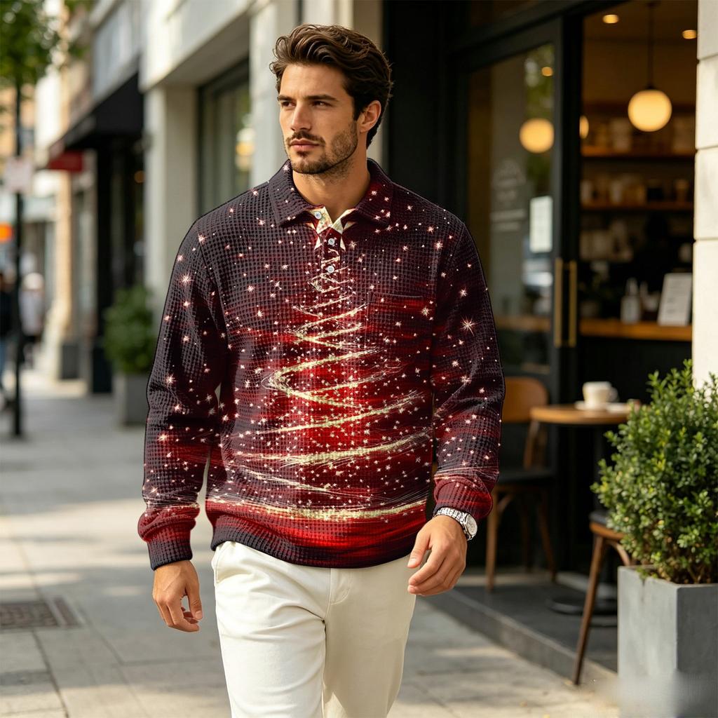 Men's Knit Long Sleeve Pullover Top with Collar and Pocket, Casual Outdoor Christmas Print for Fall