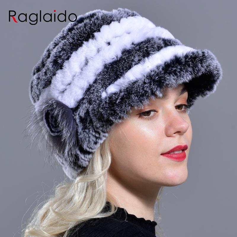 Winter Rabbit Fur Caps for Women Fox Fur Floral Natural Rex Fur Hats Elastic Beanies Warm Fashion Ladies Snow Hat LQ11205