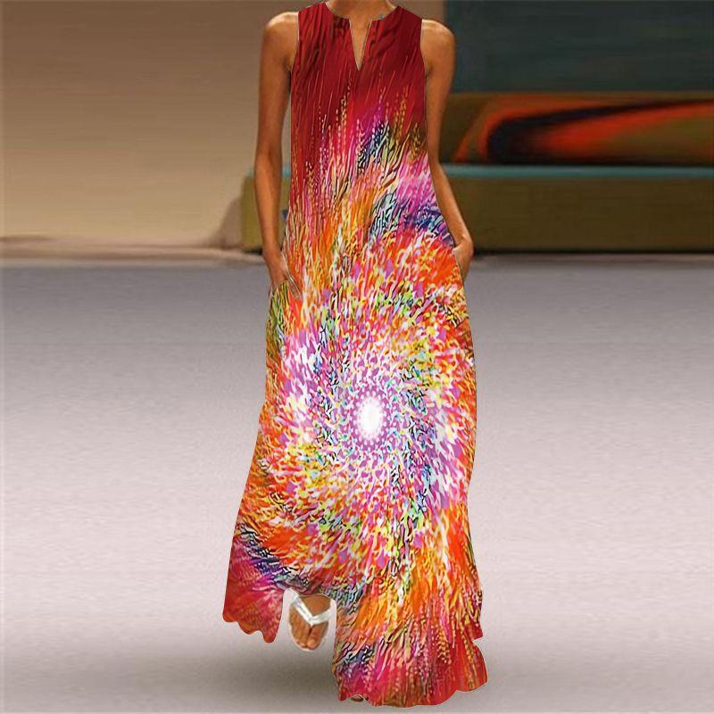 Fashion Style 3D Print Dress Animal Pattern Stage Show Stylish Clothing V Neck Sleeveless Pocket Maxi Dress