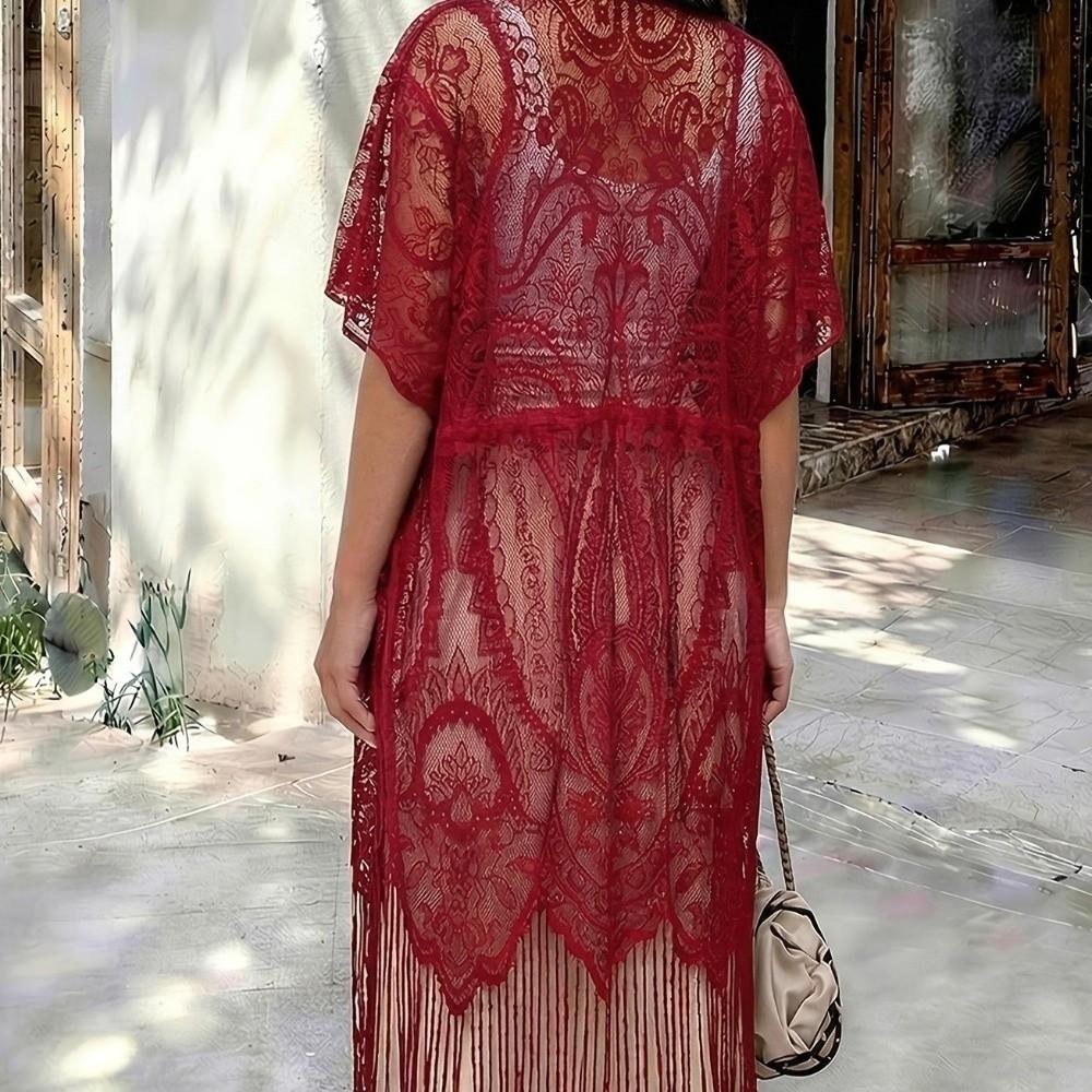 Lace Mesh Bohemian Shawl Tassel Sun-Protective Top Elegant Swimsuit Cover Up Vacation