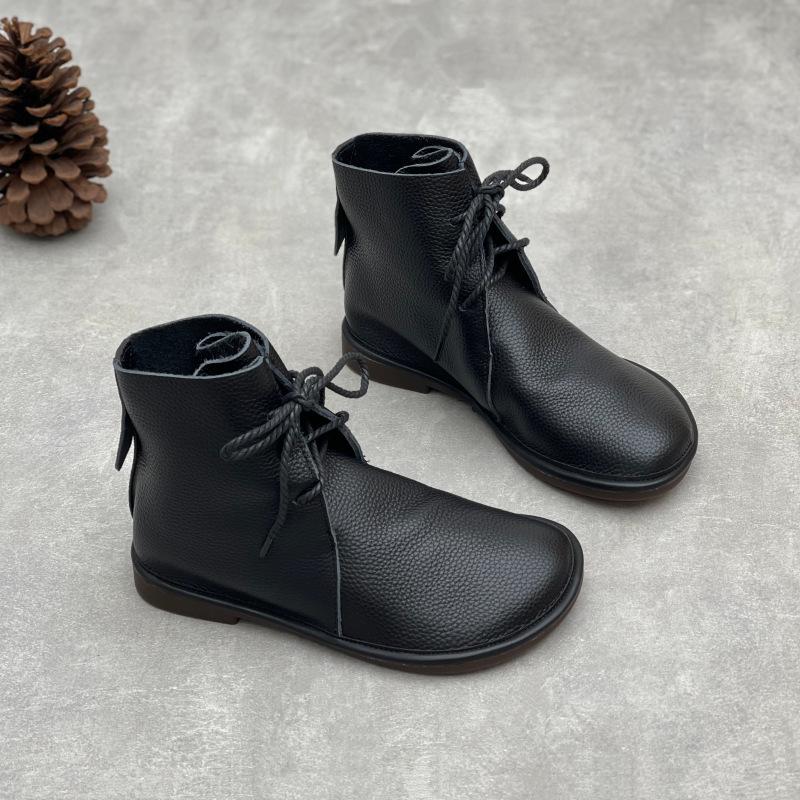 Johnature Retro Genuine Leather Short Boots Casual Round Toe Versatile Solid Color Women's Soft Cowhide Soft Sole Shoes
