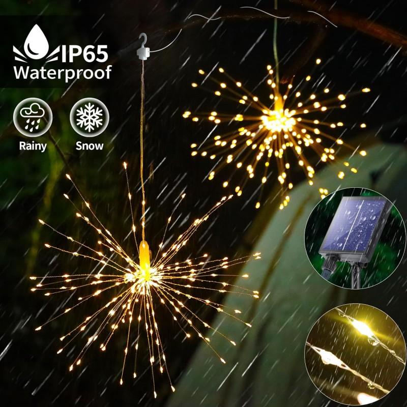 1 Set 5 In 1 Hanging Solar Fireworks Lights 450 LEDS Star Burst Light Outdoor Waterproof 8-Mode with Remote Control