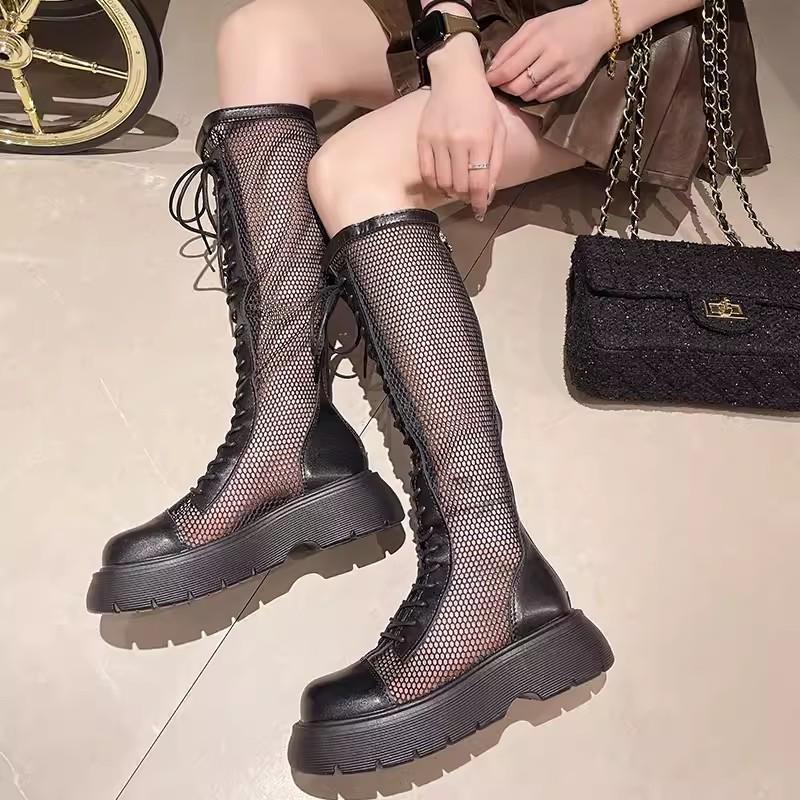 

модні літні сітчасті чоботи 2024 року. Жіночі дихаючі сітчасті лицарські черевики з товстим низом, порожніми, але довжиною до коліна. 37 чорний