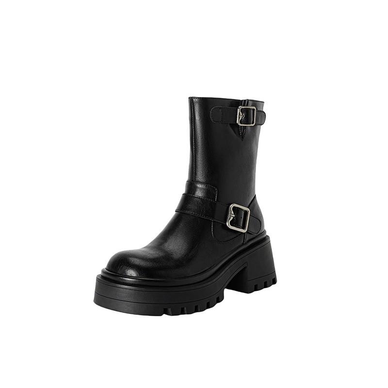 Womens Leather Ankle Boots Chunky Heel Platform Round Toe Biker Fall Winter