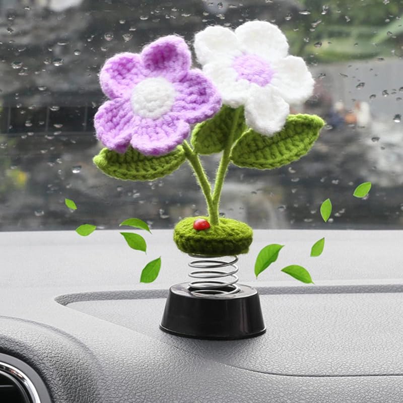 Levvohd Sunflower Car Accessories Dashboard Decorations, Crochet Smiley Shaking Sun Flowers Bobblehead Cars Decor For Women, For Cute Girl Interior