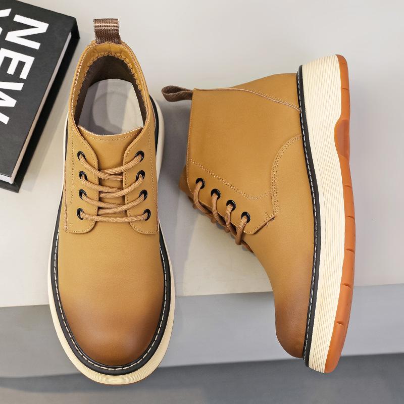 Men's Martin Boots High-top Autumn and Winter Casual Thick-soled Versatile Retro Medium-top Tooling Rhubarb Boots Velvet Short Boots