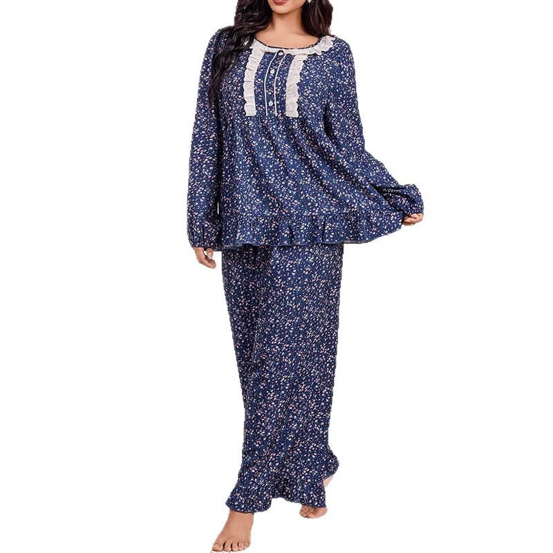Women's Plus Size Lace Floral Pajama Set for Autumn/Winter - Comfortable European & American Style