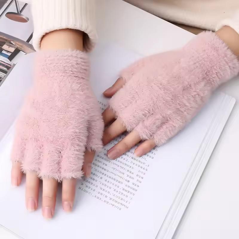 Winter Warm Dicke Faux Nerzfell Handschuhe Damen Einfarbig Büro Schreiben Studenten Halbfingerhandschuhe Schlicht Modisch Waschbar