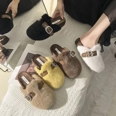Fashion Winter Warm Plush Slippers for Women Closed Toe Faux Fur Cotton Shoes Woman Fashion Buckle Lightweight Flat Mules Shoes 2025
