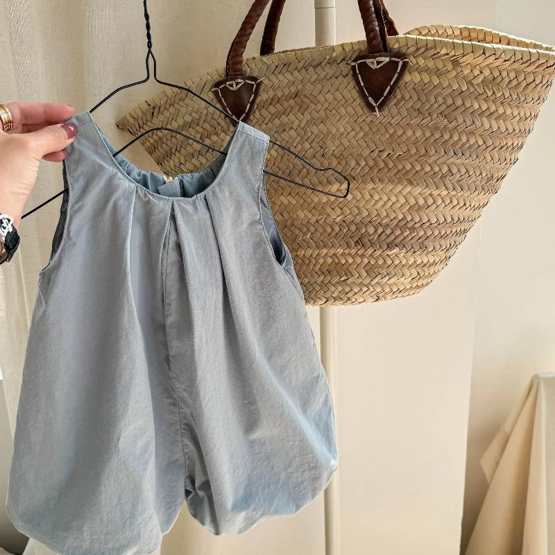 Summer Children Plaid Lantern Jumpsuits Sleeveless Loose Korean Style Baby Girls Casual Bodysuits 80cm синий