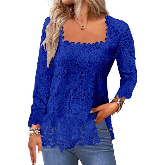 Solid Large Size Neck Color Hollow Out Square Lace Long Sleeve Soft Loose Breathable Pullover T-shirt