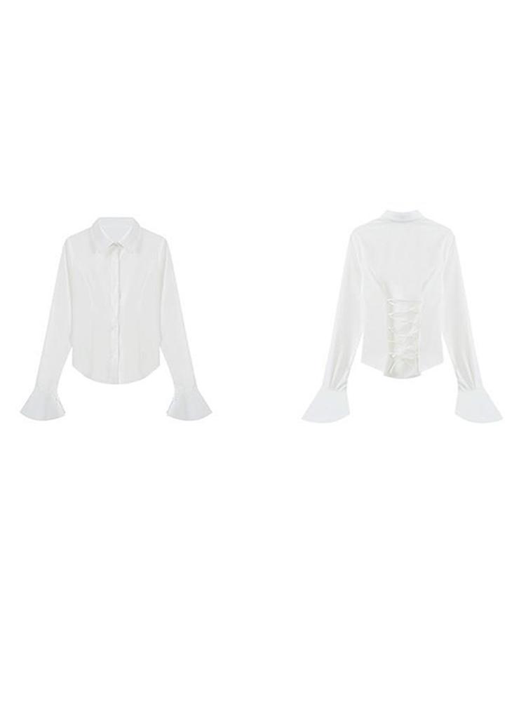 Schlanke ausgestellte Ärmel Damen Hemd solide Revers einreihige Rücken Bandage Tunika Frühling weibliche Blusen