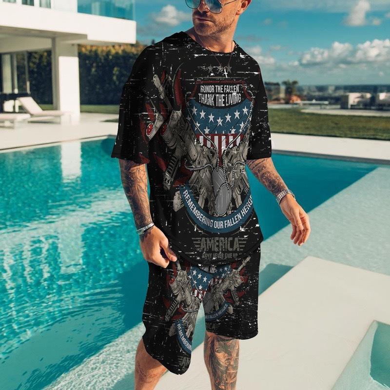 Vintage Style Men's Beach Shorts Set 3D USA Flag Print Short Sleeve T-shirt+Shorts 2 Pcs Set Summer Oversized Tracksuit Suit