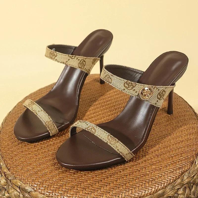 Fashion Flower Embroidery Stiletto Heel Slippers Women 2025 Summer Open Toe High Heels Sandals Woman Brand Fashion Party Shoes Plus Size