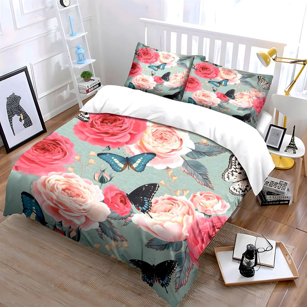 Romantic Butterflies And Roses Bedding Set For Kids Luxury Gift 3Pcs Digital Print Comforter Set Soft Comfortable Breathable