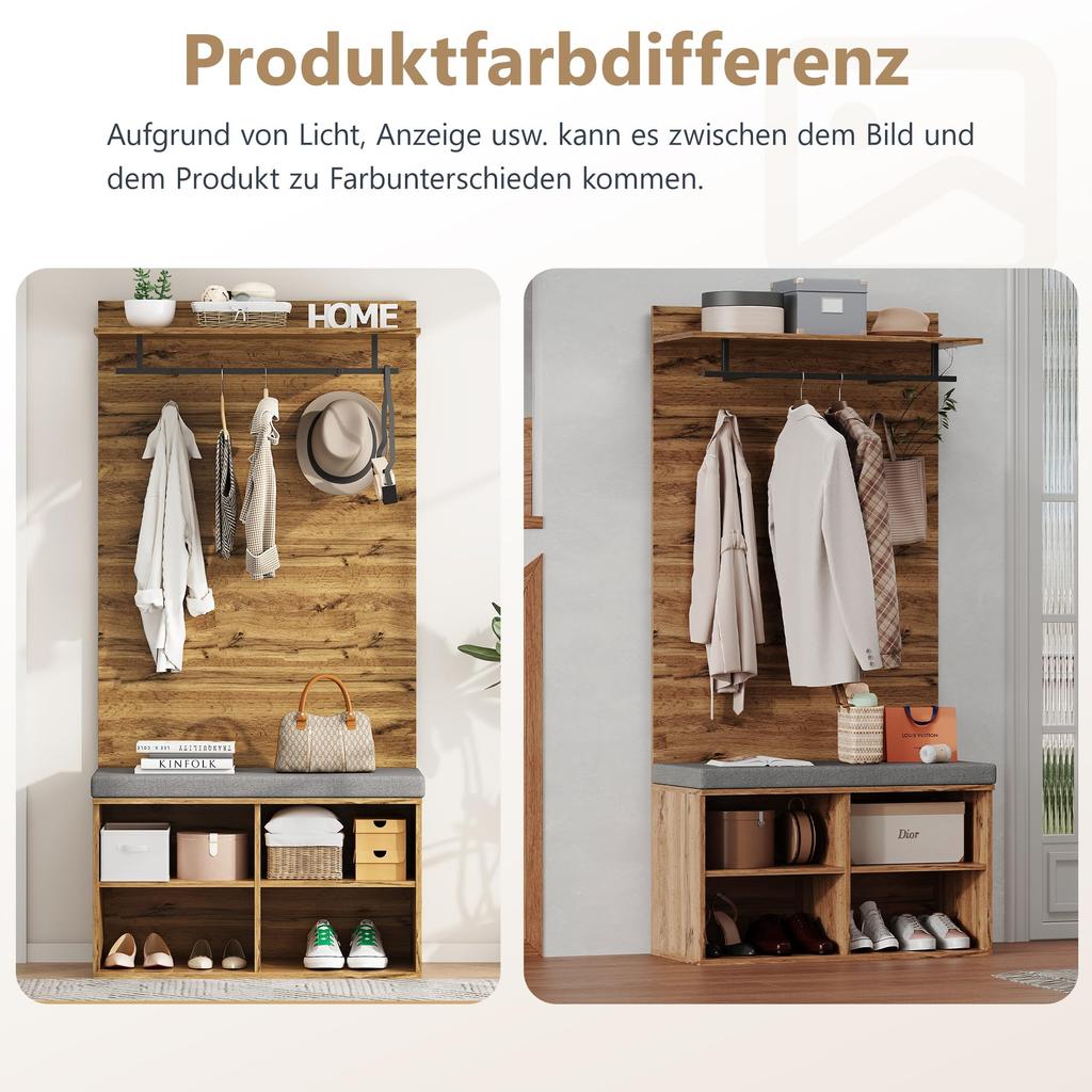 Flurgarderoben Set 175cm hohes, Stylishe Schuhbank, Regal, Kleiderhaken, Kleiderstange, Wandgarderobe verstellbarem Regal, Holzfarbe