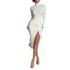2026 European Women's Spring Pleated High Neck Long Sleeve Maxi Dress - Elegant & Slimming Solid Color Design
