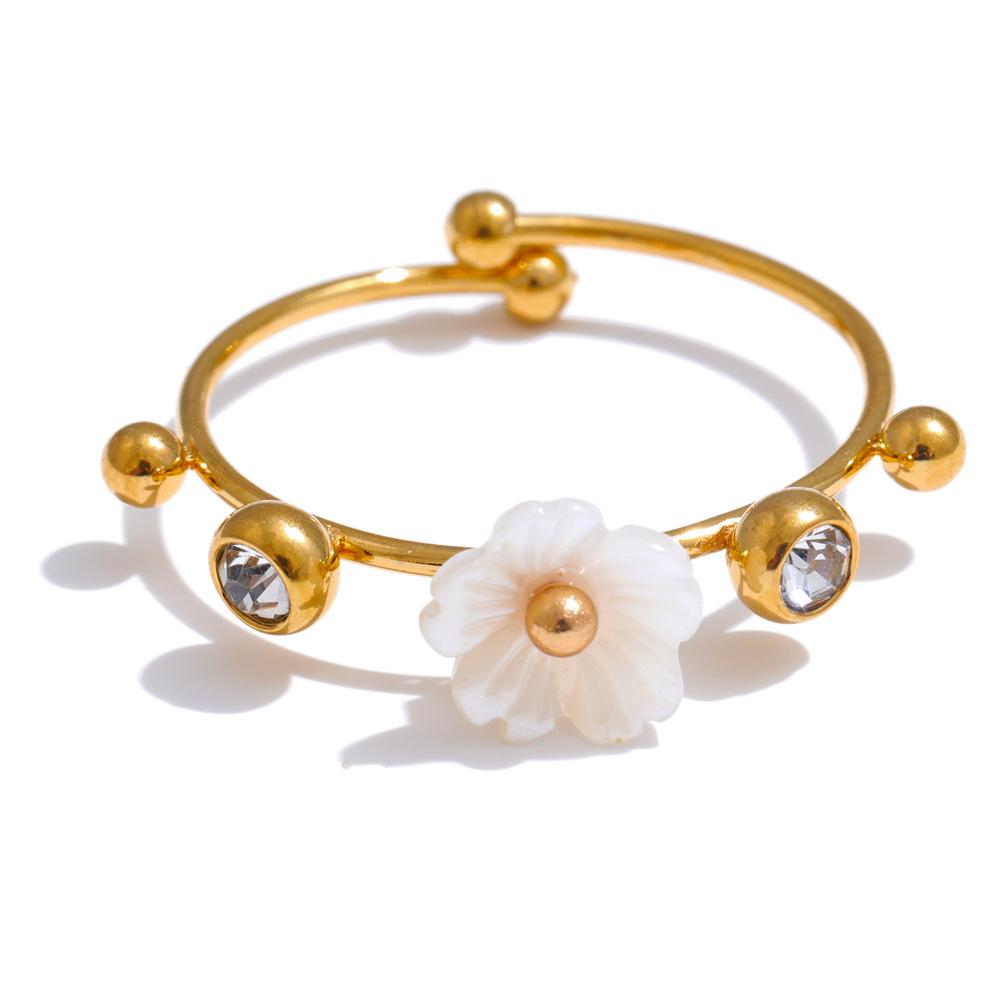 Yhpup Exquisite Natural Shell Zircon Flower Adjustable Open Golden Ring High Quality High Quality Summer Fashion Jewellery Gift resizable