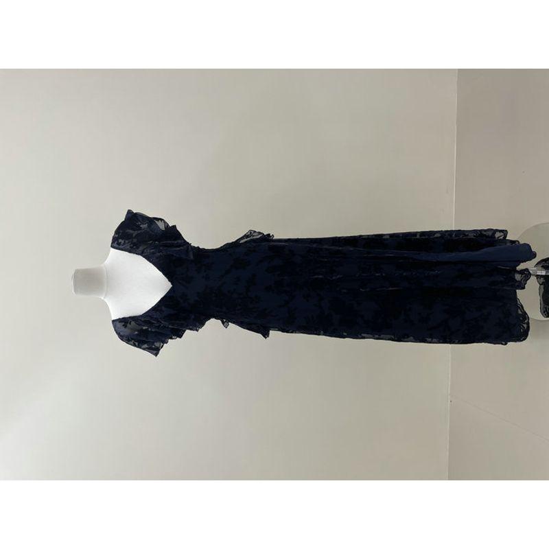 

European and American Lulus Texture Choice Retro Flocking Dark Blue Sexy High Sense Backless Side Slit Dress Figure color S