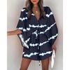Mini Abito Casual Estivo con Coulisse e Laccetti Stampa alla Moda Maniche a Pipistrello Abito da Spiaggia Sexy Bottoni Scollatura a V Copricostume da Donna per Feste