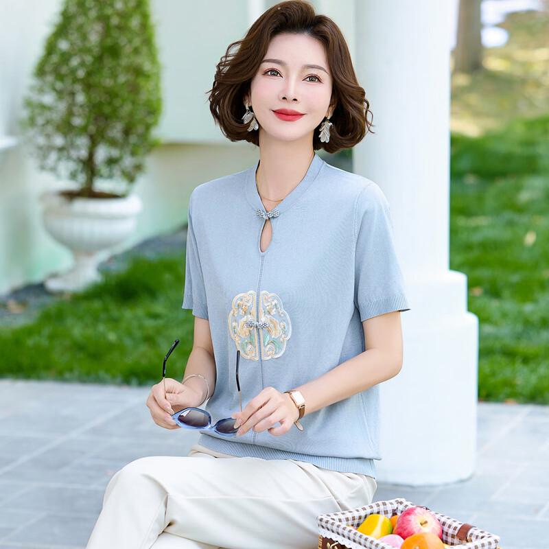 

New Chinese Style Embroidered Ice Silk Short Sleeve T-Shirt for Middle-Aged Women XL