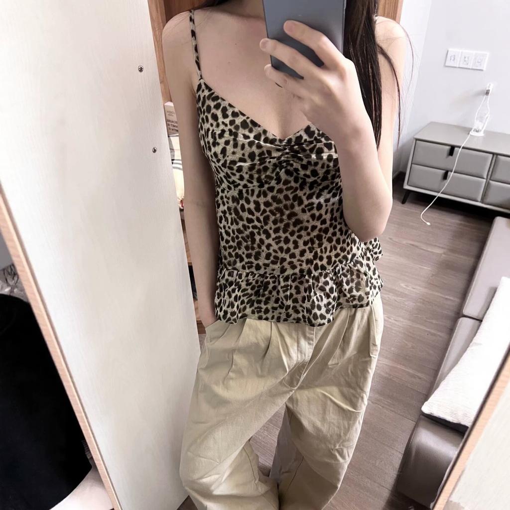 Sexy Spice Girl V-neck Leopard Print Sleeveless Sling Vest Women's Summer New Ruffle Edge Hem Temperament Slim Top