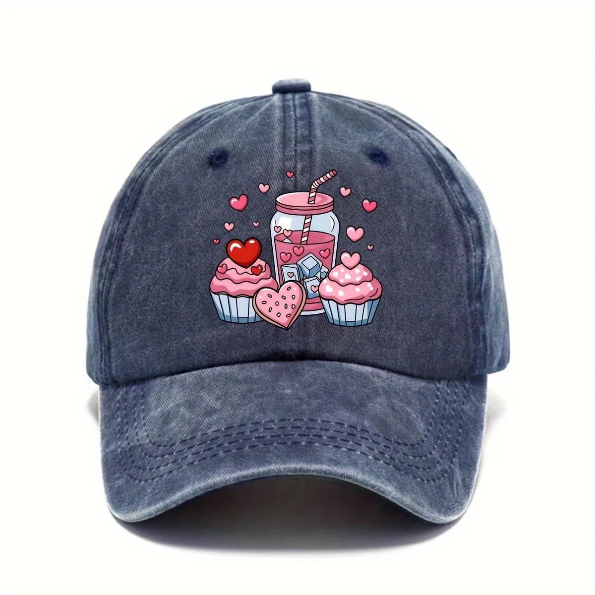 

Cupcake Hearts Drink Print Baseball Cap Adjustable Casual Sports Snapback Hat Unisex One Size