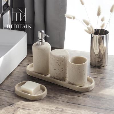 Set Bagno Wabi-sabi: Bicchiere per collutorio, Portaspazzolino, Dispenser per sapone in arenaria, Portaincenso, Set da bagno