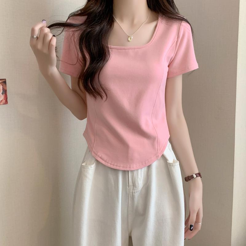 Square neck short-sleeved T-shirt women's summer shoulder slim pure desire design niche irregular short fishbone top