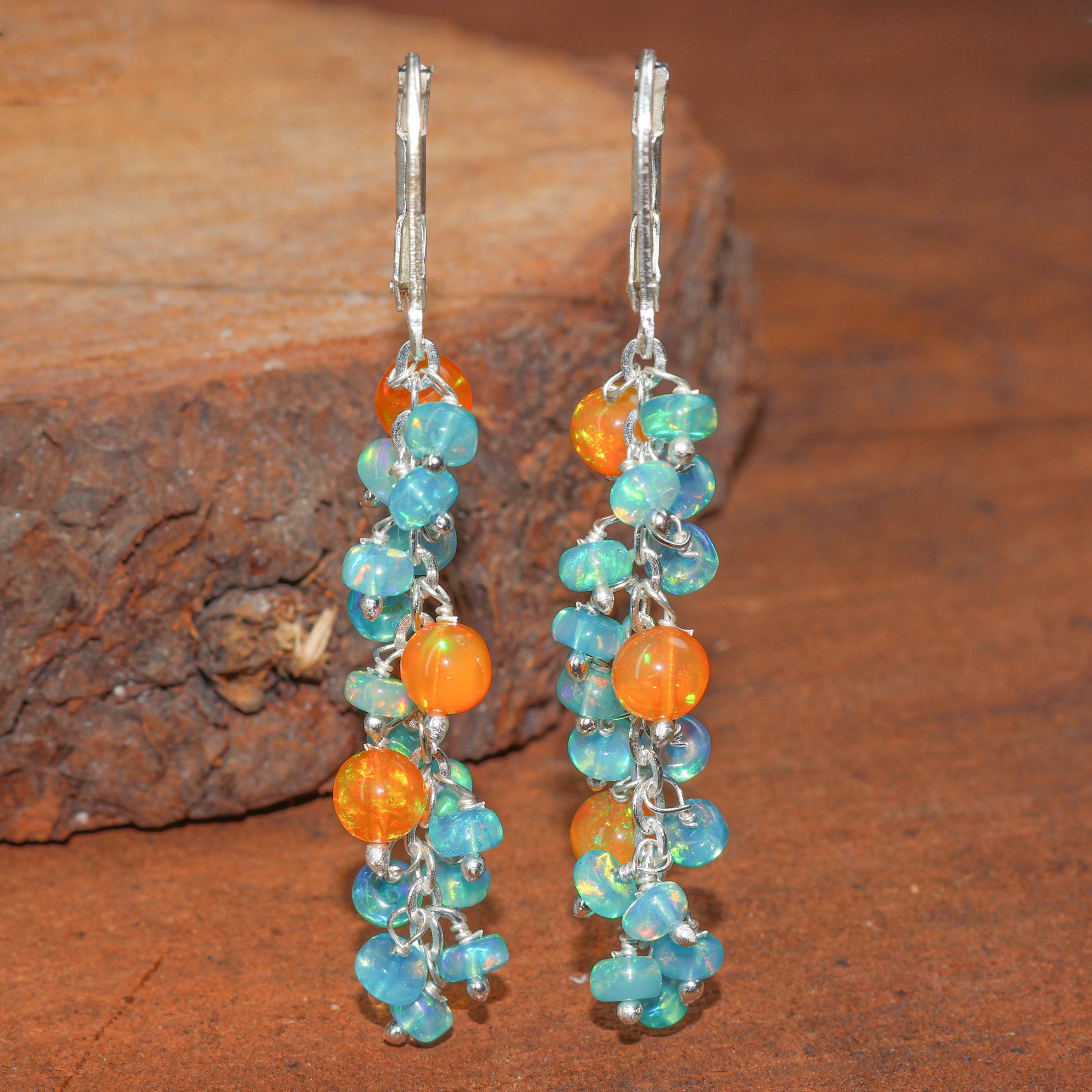 

Ethiopian Opal Cluster Earrings: Green & Orange, Sterling Silver or Gold Filled 1.6 Inch жовтий/золотий