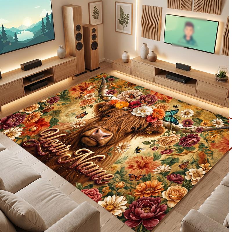 Highland Cow Theme Soft Crystal Velvet Rug Custom Name & Text Print Non Slip Floor Rug for Bedroom Living Room