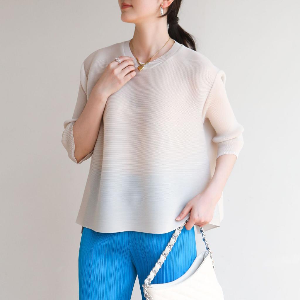 Women Pleated Round Neck Blouse 3/4 Sleeve Loose Casual T-Shirt Solid Color Stretch Pleats Top Daily Wear Shirt