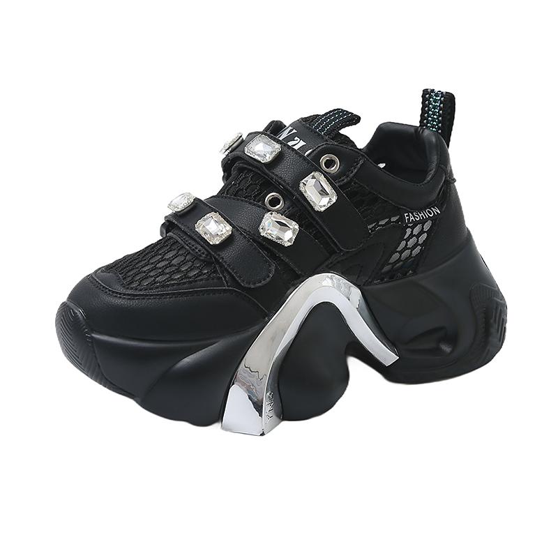 Fashion 8CM High Platform White Shoes Women New 2025 Summer Breathable Mesh Crystal Chunky Sneakers Designer Thick Sole Sports Shoes