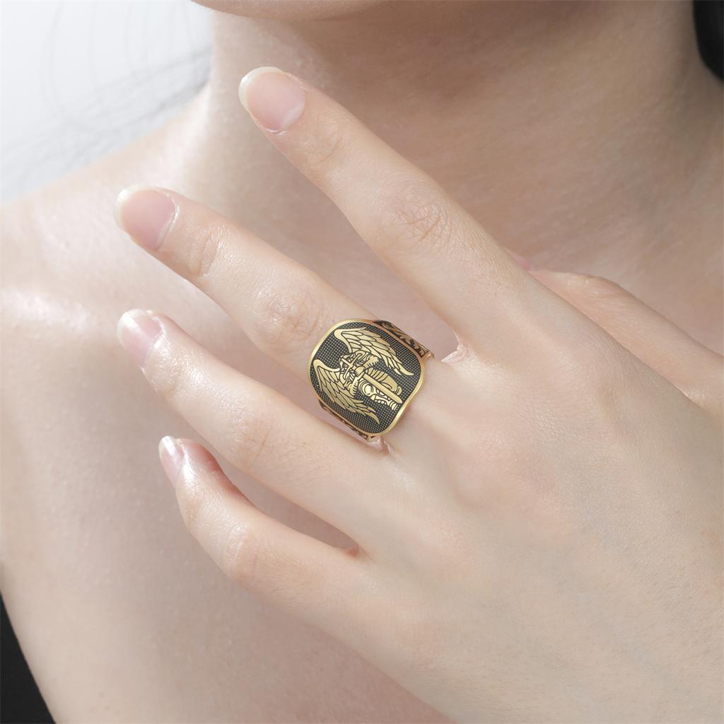 EUEAVAN Knights Templar Ring Stainless Steel Vintage Archangel Protection Adjustable Rings Personalized Men Amulet Jewelry Gifts