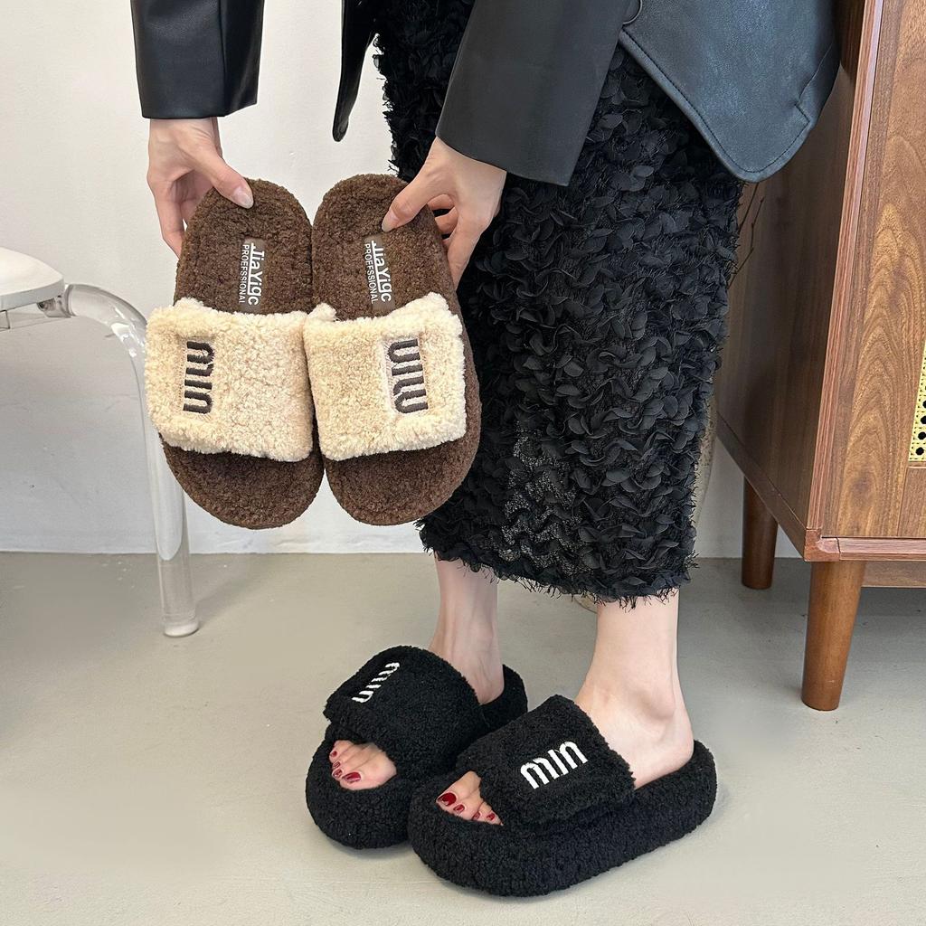 Thick Bottom Fluffy Slippers Women Wear 2025 New Autumn and Winter Lamb Fluffy Internet Celebrity Fashion Home Cotton Slippers