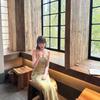 Super fire age reduction green smudge waist suspender dress women's summer seaside vacation temperament light national style skirt