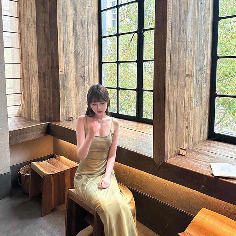 Super fire age reduction green smudge waist suspender dress women's summer seaside vacation temperament light national style skirt