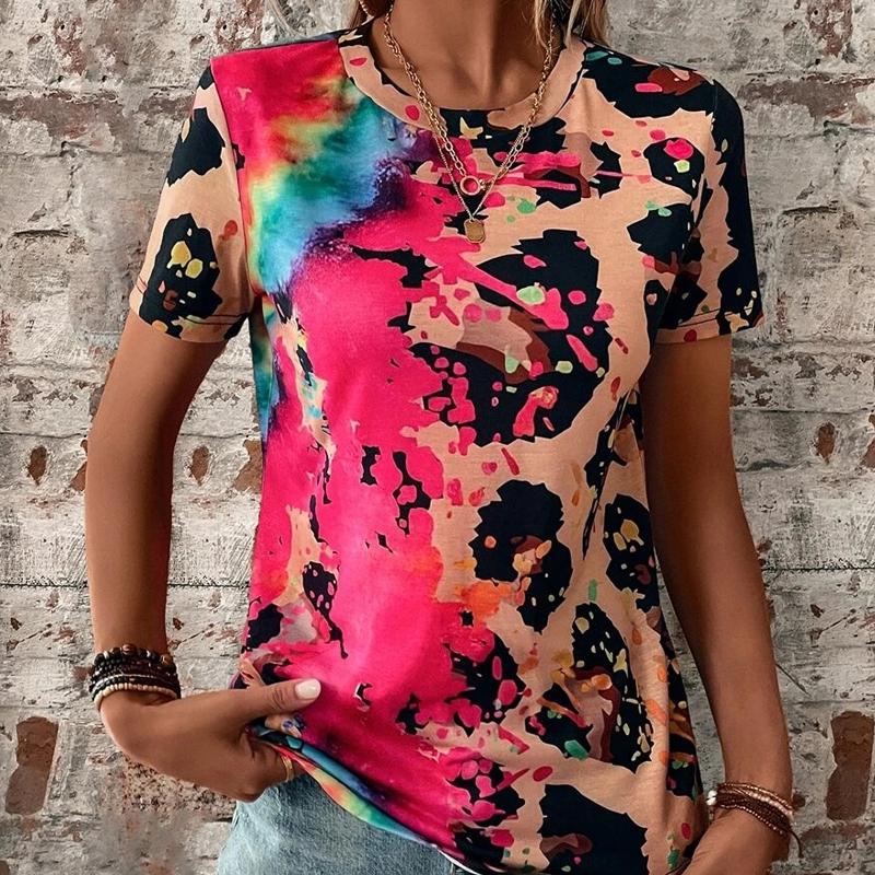 

2023 летняя новая модная женская трендовая футболка с цветным принтом и цветочным принтом, с коротким рукавом, приталенная футболка 2XL