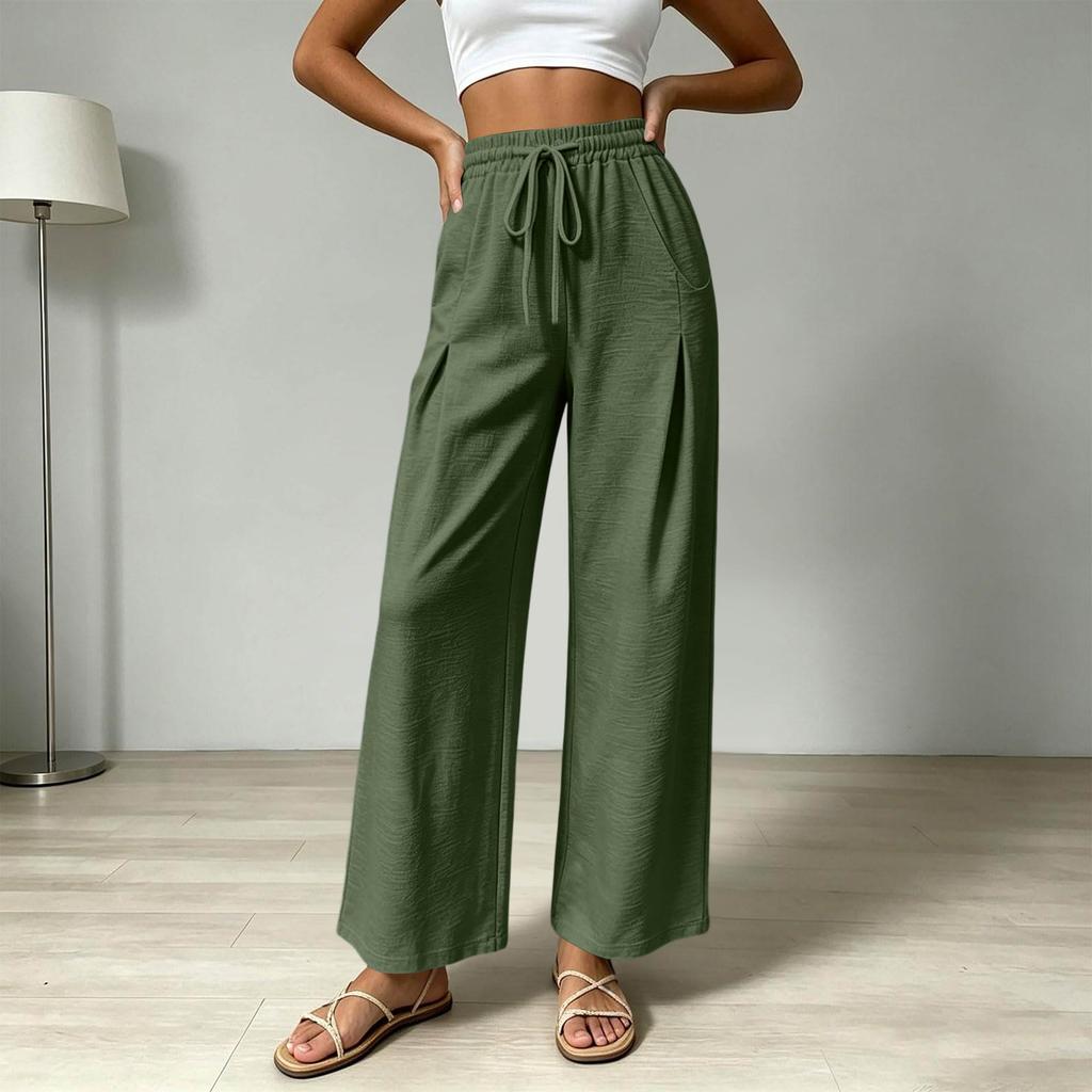 Women High Waist Wide Leg Pants Summer Casual Loose Fit Trousers with Pockets Elastic Waist Drawstring Outdoor Lightweight