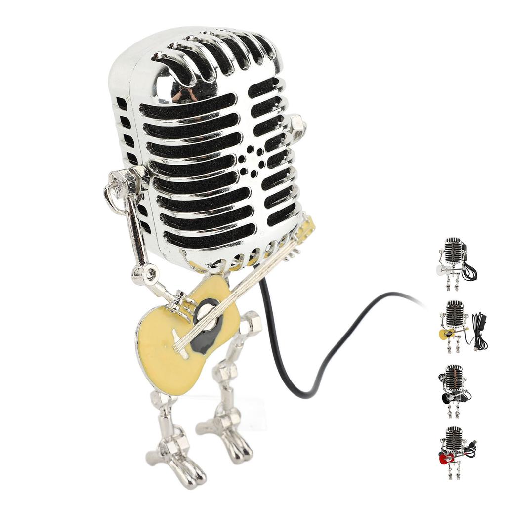 Vintage Microphone Guitar Robot Table Lamp Aluminum Retro Metal Robot Night Light for Bedroom Desk H