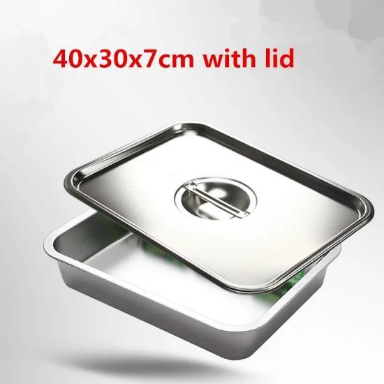 304 Stainless Steel Flat Bottom Rectangle Square Basin with Covered Dish Buffet Plate Food Basin Grilled Plate Bbq Storage Tray