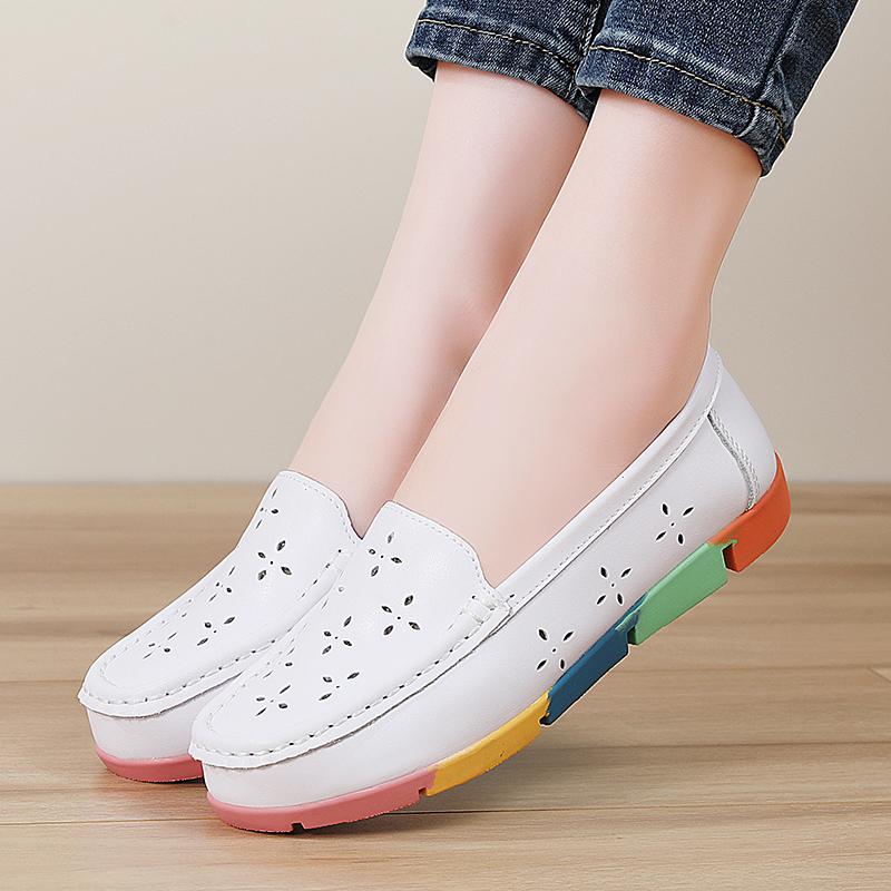 Women’s Moccasins Summer Loafers White Leather Driving Flats Casual Slip on Soft Nurse Shoes Black Walking Shoes