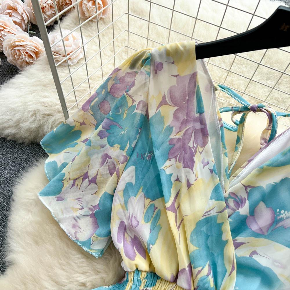 Women Chiffon Floral Long Dress Korean V-neck Short Sleeve A-line Party Dresses Summer Bohemian Style Beach Vestidos