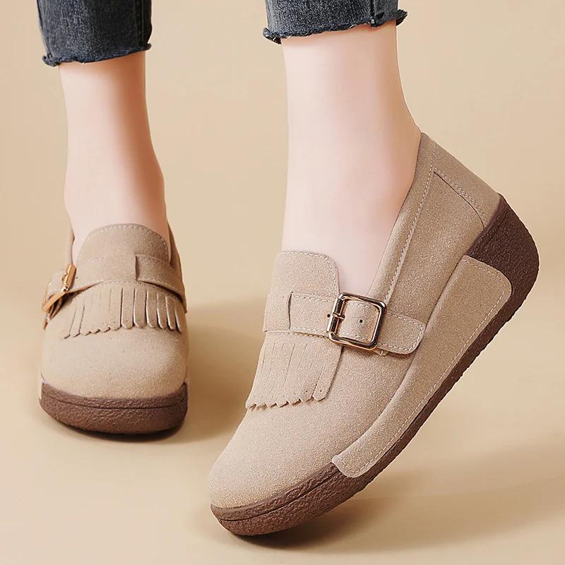 Fashion Thick Bottom Cow Suede Casual Shoes Women Platform Flats Flatform Loafers Sneakers Ladies Non-Slip Slip On Walking Shoes
