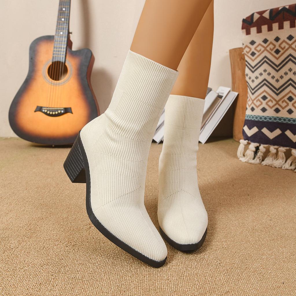 Autumn new British thick heel short boots women's thin boots pointed middle heel women's knitted elastic boots foreign trade