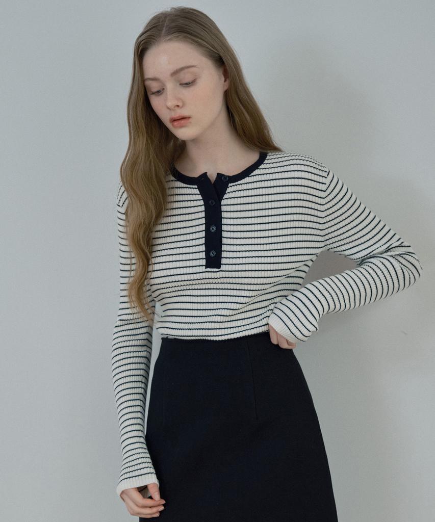 MIND BRIDGE WOMEN [W] Henley Neck Striped Knit