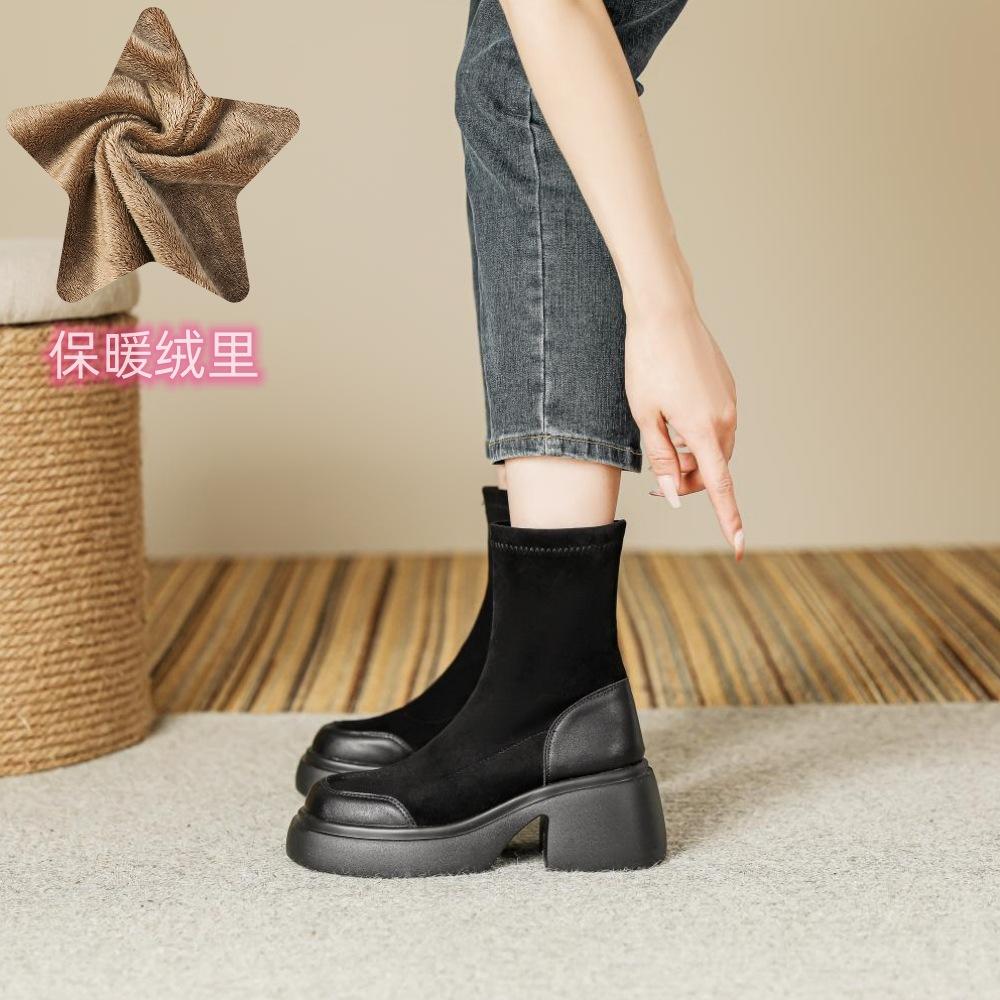 

Популярные замшевые короткие ботинки для женской осени и зимы, на высоком каблуке 7 см, на толстой подошве, водонепроницаемые, на платформе, короткие, тонкие ботинки, ботинки Мартин для женщин 40